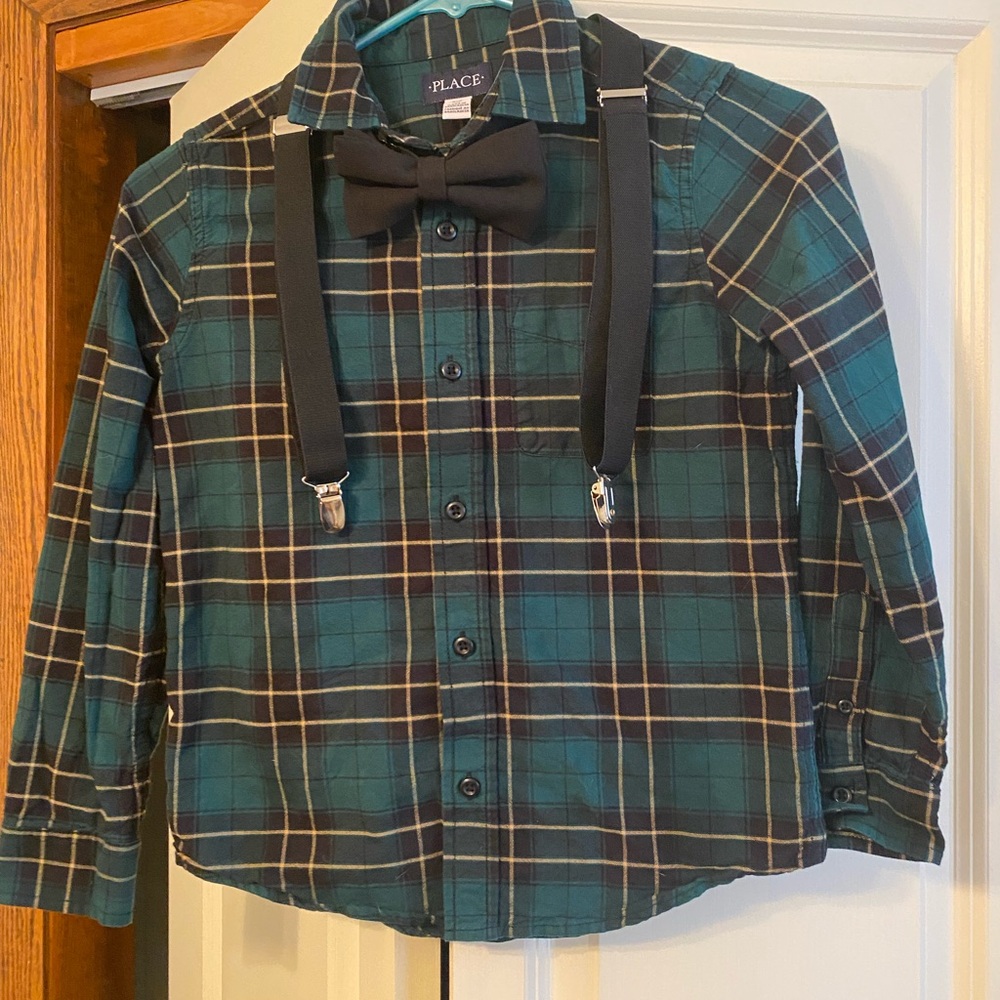 The Children's Place Green Plaid Shirt with Black Bow Tie and Suspenders